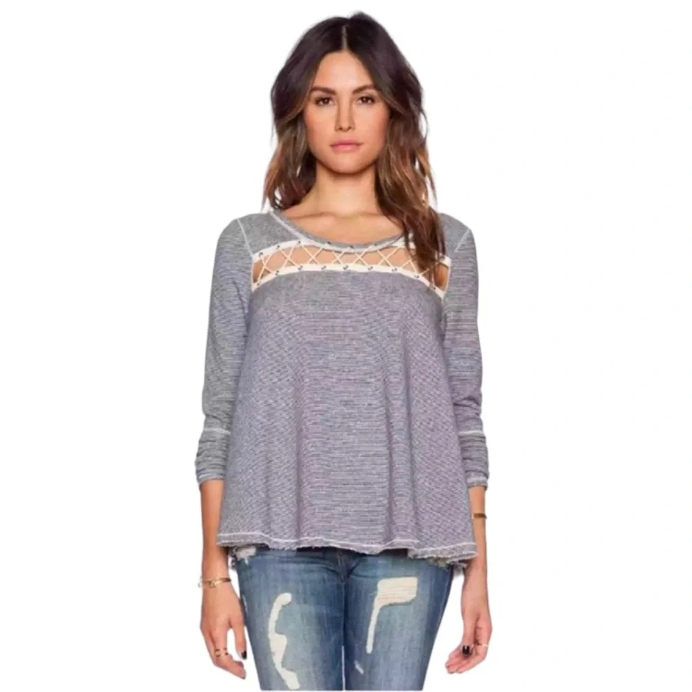 Free People Lace Up Thermal Top Boho Knit Pullover Long Sleeve Gray